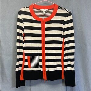 Joseph Ribbkoff Black and White Striped Cardigan with orange Trim